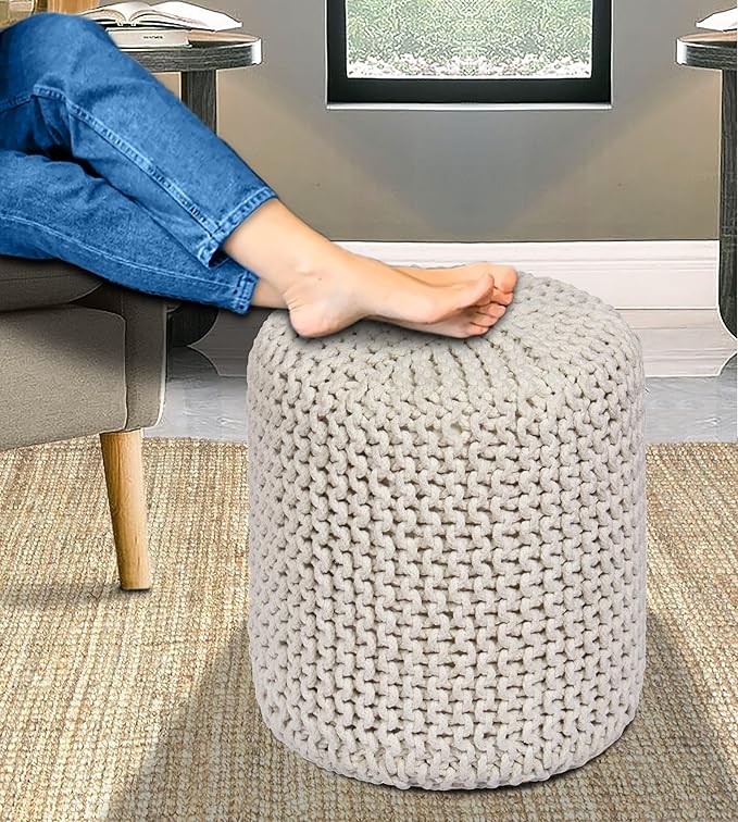 COTTON CRAFT Braided Round Pouf - Hand Knitted Cotton Cord Cable Dori Cylindrical Ottoman - Foot Stool - Floor Pouf - Footrest - Accent Seat - Living Room Bedroom Dorm Décor - 15 Round x 16 H - Ivory