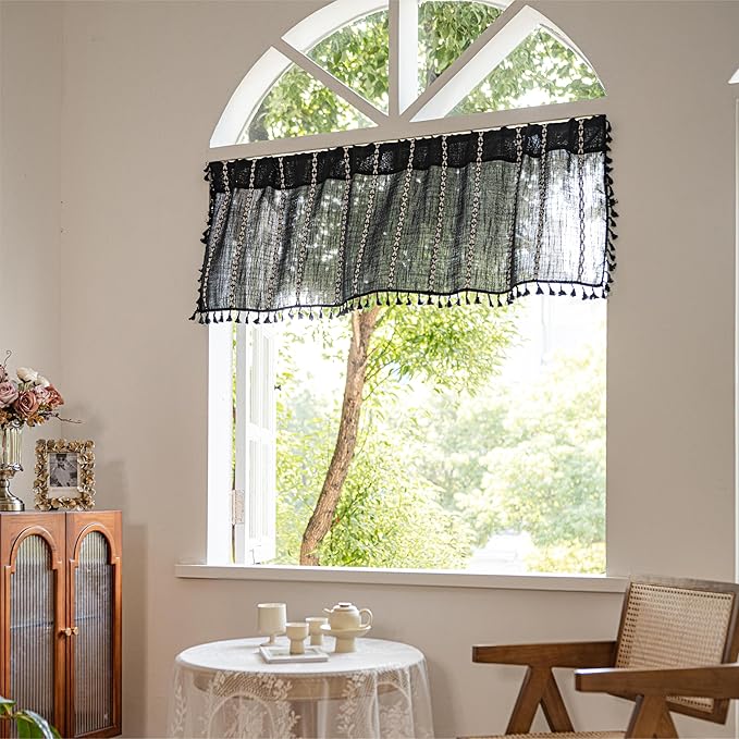 Sutuo Home Boho Valance Curtain Tier 36 inches for Kitchen Cafe Closet, Short Farmhouse Vintage Tassels Window Treatment Bohemian Stripe Embroidery Drape Rod Pocket 1 Panel 52" W x 36" L, Black