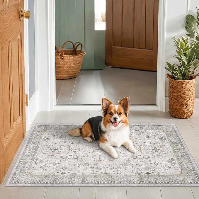 Light Grey 3x4 Large Boho Bathroom Rug - Modern Vintage Eclectic Floral Pastel Neutral Taupe, Washable Low Pile Non-Slip Area Rugs for Entryway, Kitchen, Bedroom Beside Bed, Powder Room