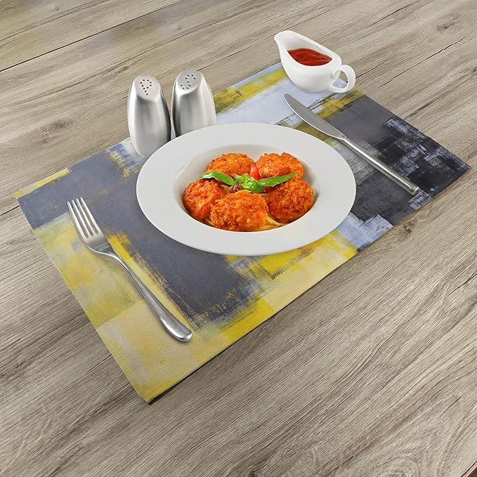 Ambesonne Yellow and Grey Place Mats Set of 8, Abstract Modern Composition Stroke Pattern Contemporary Art Print, Washable Fabric Placemats for Dining Table, Placemat 8 pcs, Yellow Grey