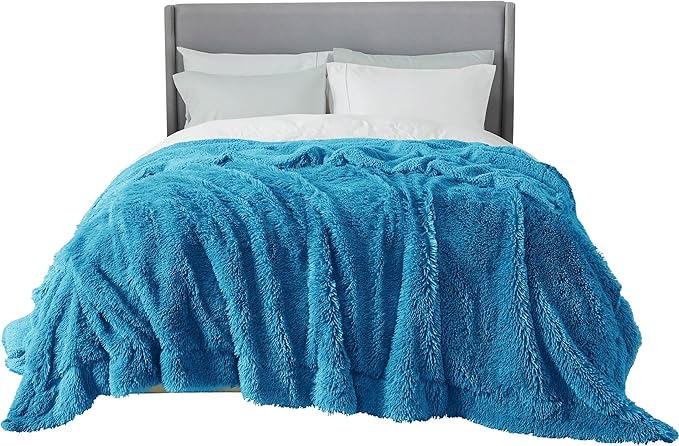 Bedsure Fluffy Bright Blue King Size Blanket for Bed, Thick Soft Sherpa Faux Fur Fleece Bedding Fuzzy Plush Winter Warm Heavy Oversize Big Large King Blanket, Cozy Blue Gifts for Men Women, 108x90