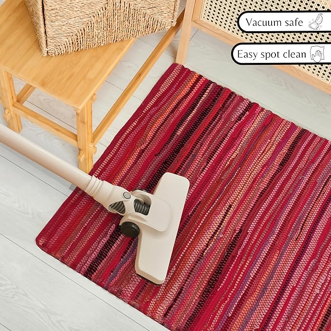 Rug Area Rugs Cotton Red 24x36 Inches Multicolour Chindi for Livingroom Bedroom Washable RagRug Reversible Farmhouse Kitchen RunnerRug Carpet Area Runner Mat for Hallway, Entryway
