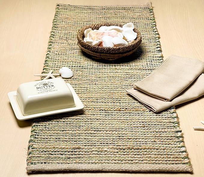 Chardin Home Natural Jute Table Runner 13x36 Inch – Vintage Boho Rustic Table Decor – Handwoven Jute Table Runner in Natural and Green – Farmhouse Dining or Console Table Accent