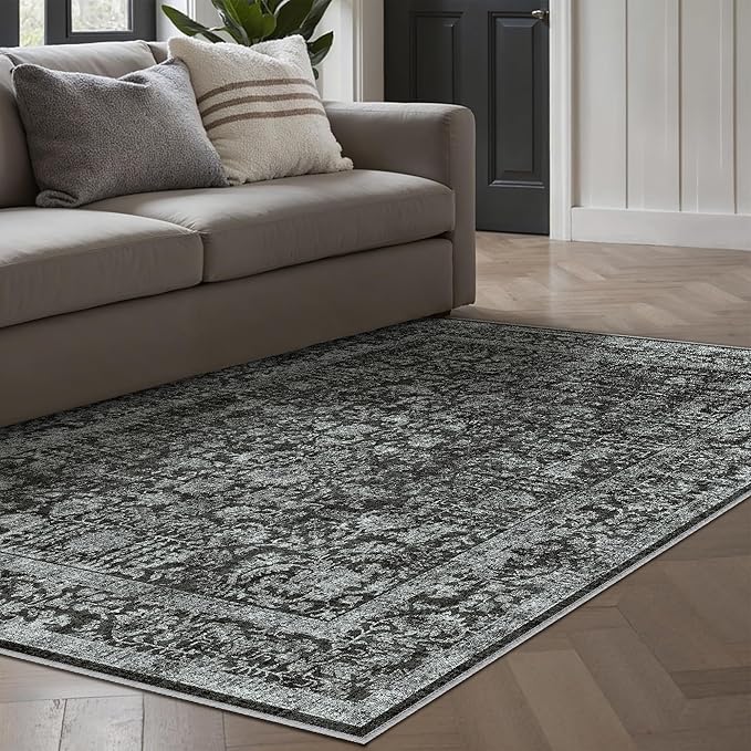 Dark Black Area Rug 3x5 Office Entryway Rug Machine Washable Kitchen Vintage Distressed Non Slip Carpet Indoor Retro Floral Accent Throw Door Mat for Bathroom Bedroom Dining Living Room