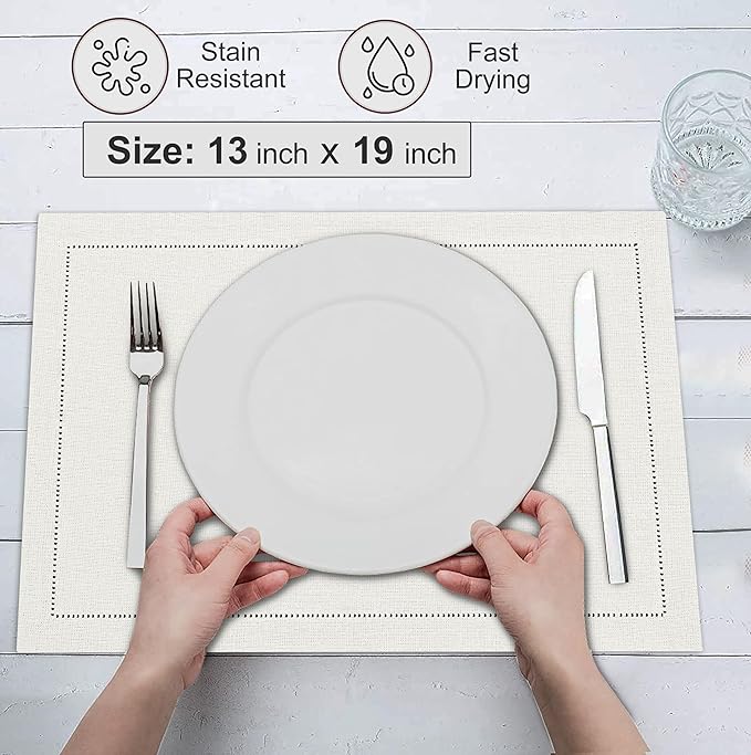 Ruvanti Linen Placemats Set of 6-13x19 Inch, Classic Hemstitch, Heat Resistant Machine Washable Place Mats, Soft & Elegant- Perfect for Christmas, Thanksgiving, Easter, Weddings, Dinner - Ivory