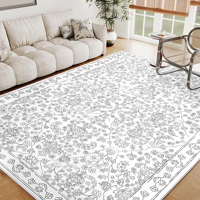 Floral Area Rug 5x7 Washable Grey Carpet Non Slip Large Boho Thin Farmhouse Throw Accent Rug for Living Room Bedroom Office Kitchen Bathroom