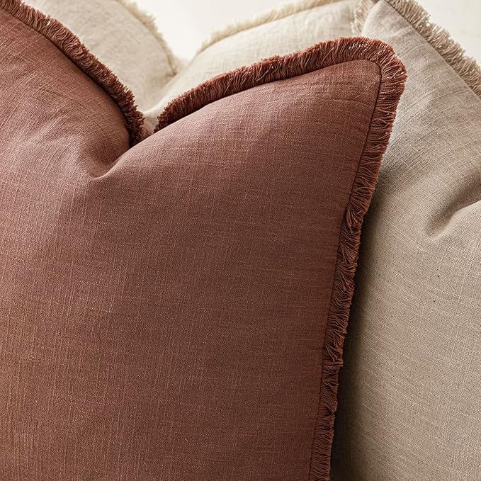 Foindtower Set of 2 Decorative Linen Fringe Lumbar Throw Pillow Covers Boho Farmhouse Cushion Cover with Tassels Soft Accent Pillowcase for Couch Sofa Bed Living Room Home Decor,12×24 Inch,Rust Red