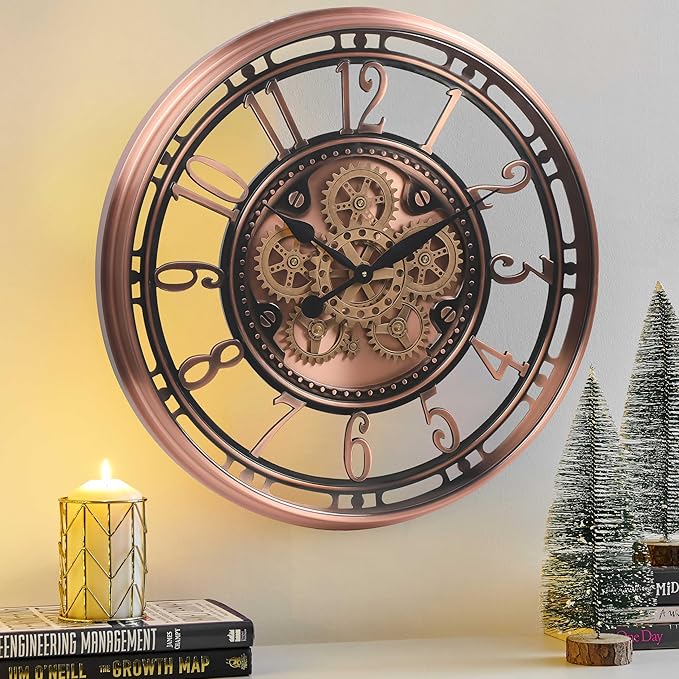 CLXEAST 28 Inch Oversized Large Moving Gear Wall Clock for Living Room Decor,Modern Farmhouse Decorative Wall Clocks Battery Operated,Rose Gold,House Warming Gifts New Home