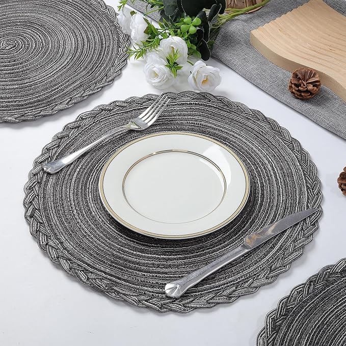 fanquare Round Woven Placemats Set of 4, 15 Inch Braided Placemats Gray Kitchen Table Mats Indoor & Outdoor Placemats for Dining Party Daily Use