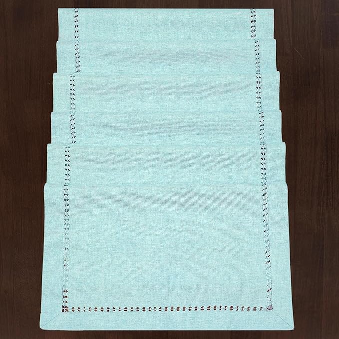 Grelucgo Set of 4 Handcrafted Solid Aqua Color Dining Table Place-mats, Double-Hemstitched, Rectangular 12 x 18 Inch