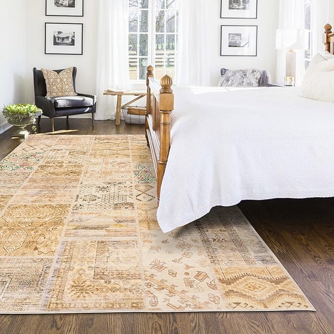 Boho Kitchen Rug Washable,4x6 Non Slip Small Area Rug for Bathroom Bedroom Indoor Entrway Ultra Thin Fit Under Door,Light Tan Beige Brown and Blush Pink Green