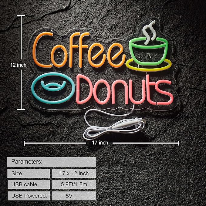 Coffee and Donuts Neon Sign for Wall Décor Dimmable LED Neon Light USB Powered Neon Art Signs Decor