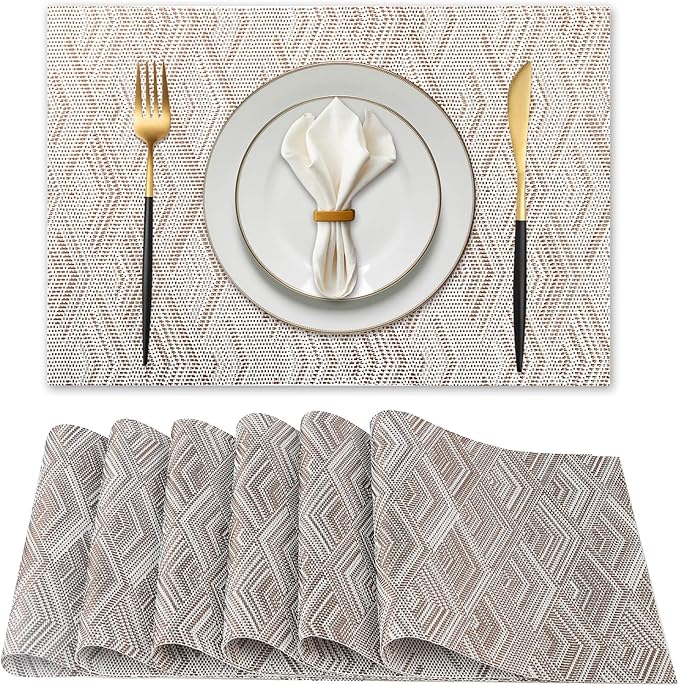Vinyl Plastic Placemats Set of 6 Washable Heat Resistant Non-Slip Elegant Indoor Outdoor Kitchen Dining PVC Woven Table Place Mats (Brown Rhombus)