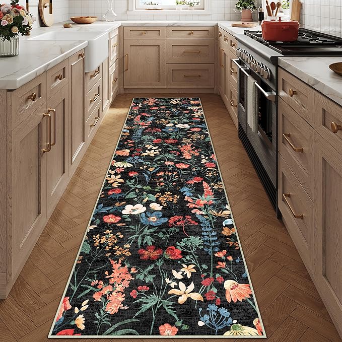 Floral Runner Rug 3x7 Washable Hallway Long Black Bedroom Carpet Non Slip Indoor Boho Kitchen Low Pile Accent Rug Lightweight Soft for Bathroom Dining Laundry Living Room