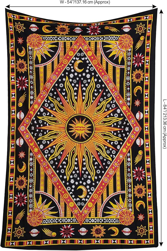 RAJRANG Burning Sun Cotton Tapestry for Bedroom 84x54 Inch Celestial Moon Star Planet Bohemian Indie Hippie Cool Wall Tapestries for Living Room Dorm Decor