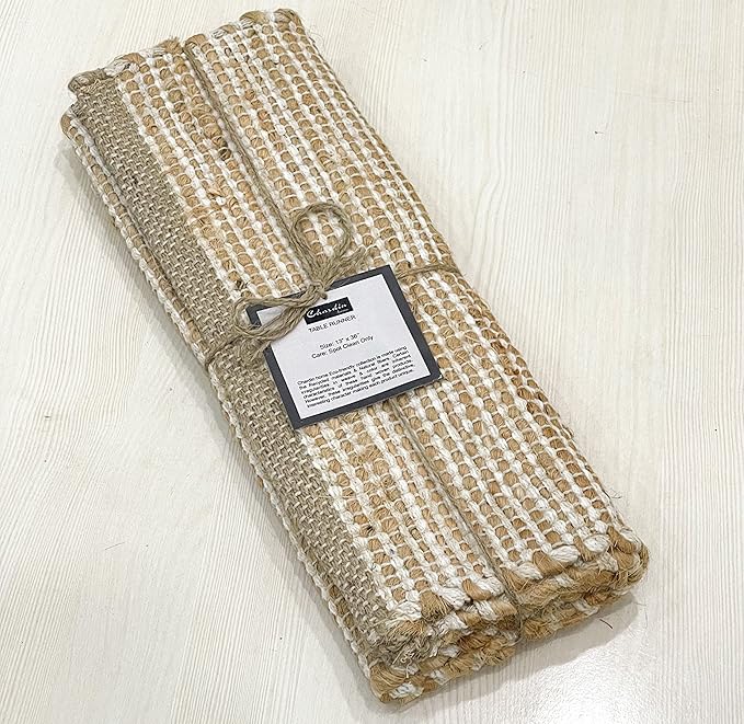 Chardin home Natural Jute Table Runner 13x48 Inch – Vintage Boho Rustic Table Decor – Handwoven Jute Table Runner in Natural and Ivory – Farmhouse Dining or Console Table Accent