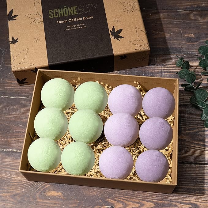 Hemp Bath Bombs by Schone Body, 2 Relaxing Scents of Refreshing Mint and Hemp Oil and Soothing Lavender and Hemp Oil. Made with Pure Essential Oil Vegan Set (Large 12 Pack, Bath Bombs), Green