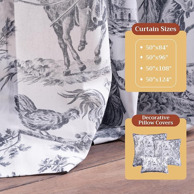Maison d' Hermine Curtains for Living Room 100% Cotton 96 inch Length One Panel Light Filtering Toile Curtains with Rod and Loop Pockets (The Miller Paloma Gray (White Background), 50" W x 96" L)