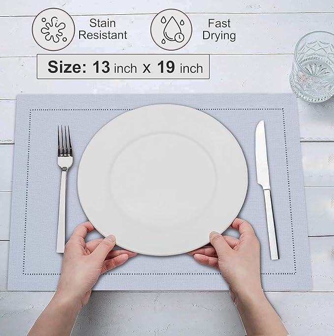 Ruvanti Linen Placemats Set of 6-13x19 Inch, Classic Hemstitch, Heat Resistant Machine Washable Place Mats, Soft & Elegant- Perfect for Christmas, Thanksgiving, Easter, Wedding, Dinner - Arctic Ice