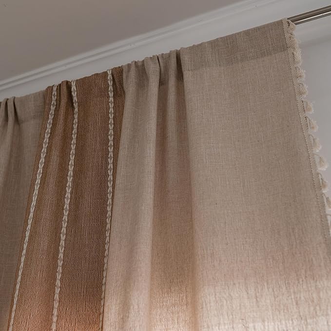 Sutuo Home Boho Curtains 72 inch for Kitchen Nursery Room, Semi Blackout Linen Farmhouse Tassels Window Treatment Vintage Bohemian Embroidery Drape, Rod Pocket 1 Panel 52" W x 72" L, Coffee Linen