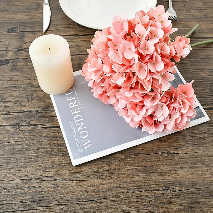 Mandy's 3 Stems Coral Artificial Hydrangea Flowers – 13.7” Realistic Silk Bouquet for Centerpieces, Wedding & Home Decor