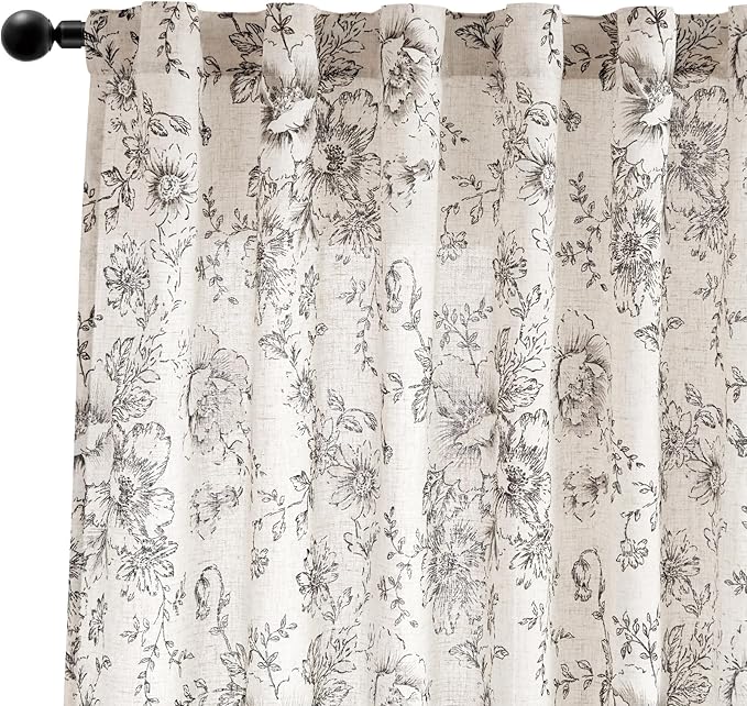 jinchan Linen Blend Curtain Floral Curtains for Living Room 63 Inch Length Black Printed Curtain Rod Pocket Back Tab Farmhouse Peony Flower Patterned Drapes Bedroom Window Curtains Set 2 Panels