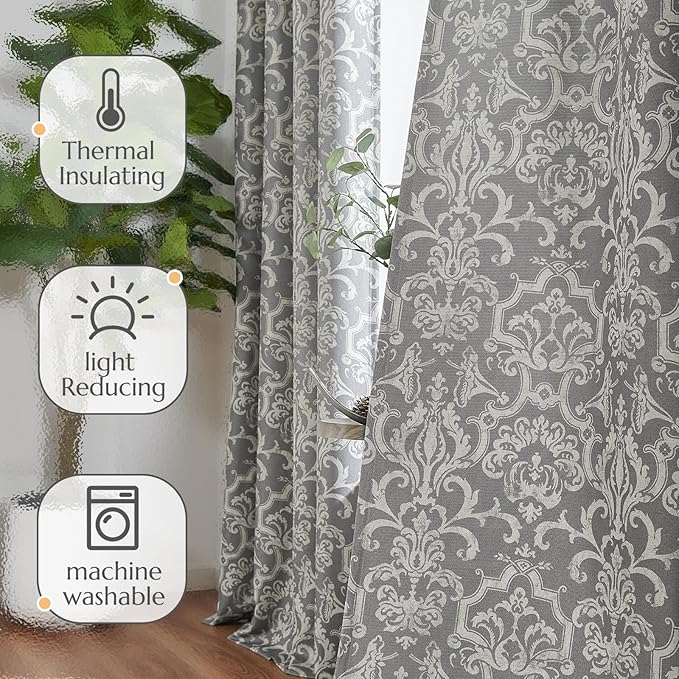 jinchan Room Darkening Curtains for Bedroom Grey Damask Patterned Curtains 96 Inch Length for Living Room Linen Textured Vintage 8FT Long Drapes Medallion Window Treatments Grommet Top 2 Panels Set