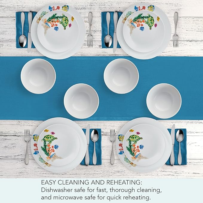 Studio Nova Coastal Ocean Underwater Life 12 Piece Dinnerware Plate Bowl Set, Service for 4