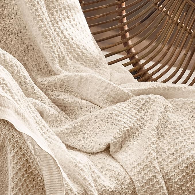 Bedsure 100% Cotton Blanket Twin XL Size for College Dorm - Breathable and Soft, Waffle Weave Twin Blanket for Summer, Dorm Room Essentials, Beige, 66x90 inches