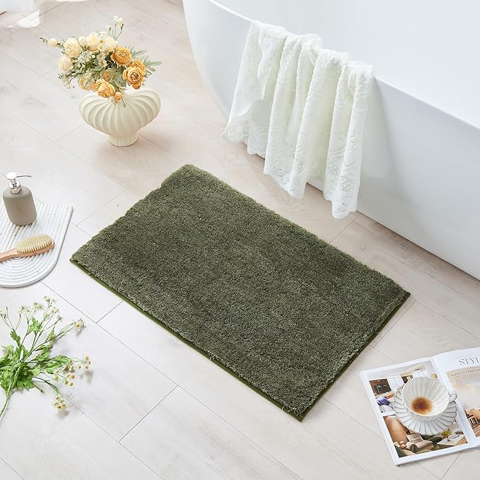 CozeCube Upgraded Shaggy Bath mat for Bathroom Non Slip 36" X 24", Super Soft Quick Dry Bath Rugs, Fluffy Plush Bathroom Rugs Machine Washable, Olive Green