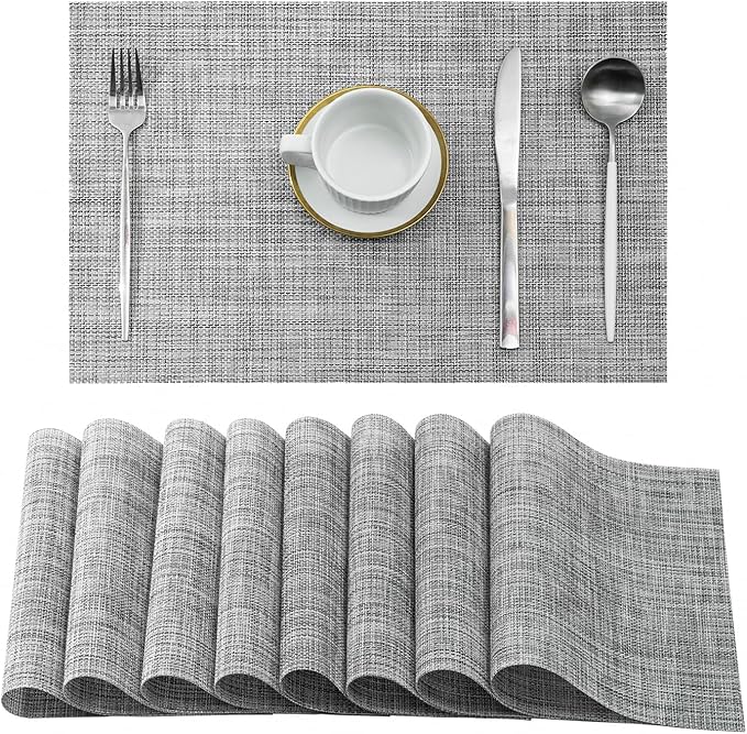 Leetaltree Linen Grey Placemats Set of 8 - Heat Resistant Non-Slip Place mats for Dining Table, Washable Durable PVC Vinyl Woven Table Mats(Linen Grey, 8)