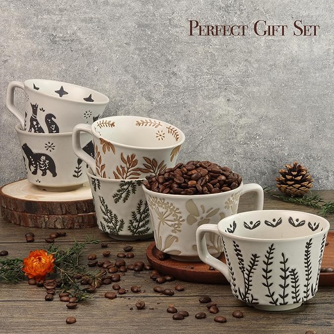 Ceramic Coffee Mug, 12 oz Novelty Unique Teacup with Large Handle, Stoneware Cup for Tea Mocha Latte Cappuccino Espresso (Set of 2, Butterfly and Grass)
