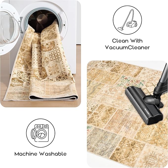 Boho Kitchen Rug Washable,4x6 Non Slip Small Area Rug for Bathroom Bedroom Indoor Entrway Ultra Thin Fit Under Door,Light Tan Beige Brown and Blush Pink Green