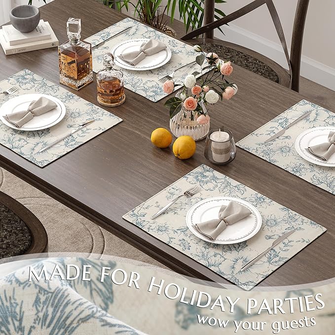 JINCHAN Floral Placemats Set of 4 Farmhouse Linen Placemats Cloth Table Mats Holiday Seasonal Rustic for Kitchen Dining Table Decor Heat Resistant Washable Tablemats 13x19 Inch Blue