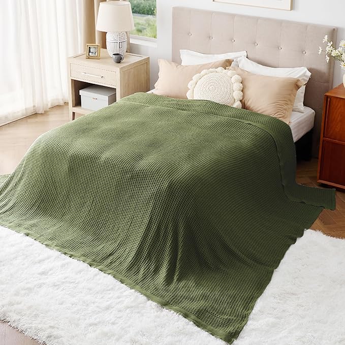 Bedsure 100% Cotton Large Blanket Oversized King for Bed - Breathable Waffle Weave Blanket for Summer Spring, Couch Cover, Olive Green, 120x94 inches