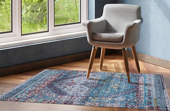Washable Soft Small Boho Area Rugs, Rags Rug, Printed Carpet Chennile Rugs for Living Room 27x45 inch Teal Blue Multi,Machine Washable Printed Rugs - 30% Cotton, 70% Polyester