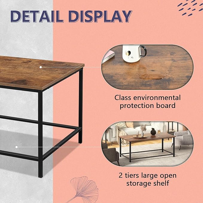 SENIG Coffee Table, Modern Industrial Style Rectangular Coffee Table, Brown Wood and Sturdy Metal Side End Table, Rustic Accent Functional Coffee Table for Living Room. 39.3 x 20 x 16