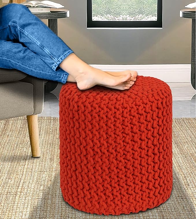 COTTON CRAFT Braided Round Pouf - Hand Knitted Cotton Cord Cable Dori Cylindrical Ottoman - Foot Stool - Floor Pouf - Footrest - Accent Seat - Living Room Bedroom Dorm Décor - 15 Round x 16 H - Orange
