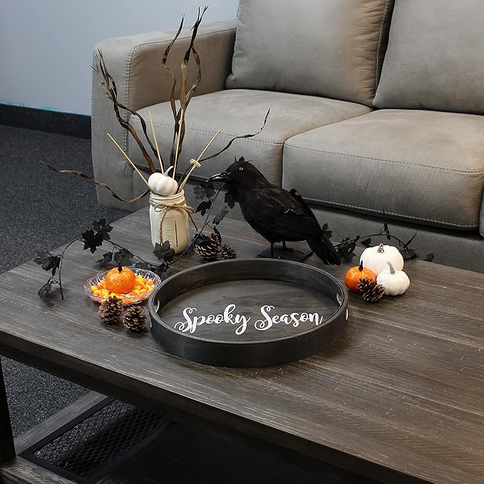 Elegant Designs HG2013-BKS Decorative 13.75" Round Wood Serving Tray w/Handles, Black Wash Spooky Season