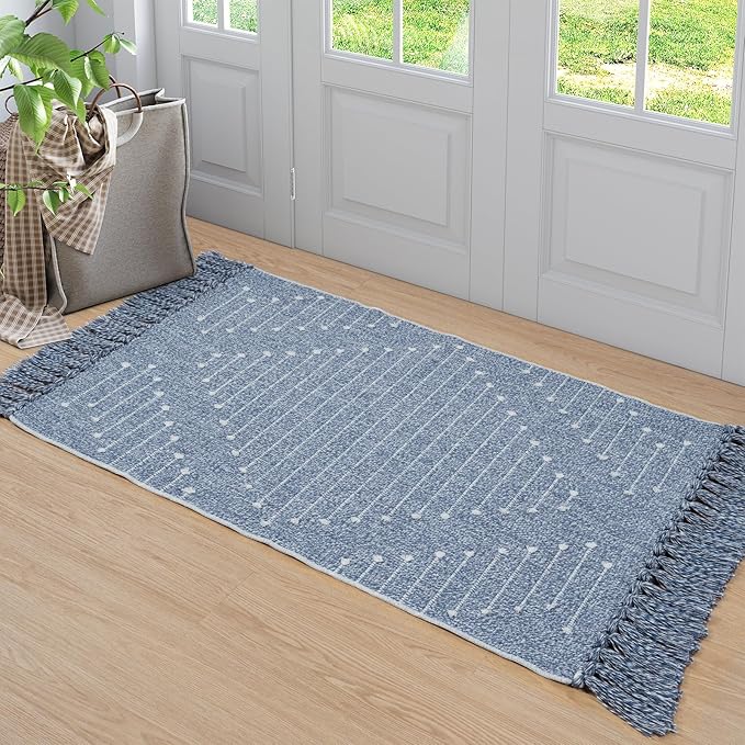 LIVEBOX Boho Bathroom Rug 2' x 3' Washable Blue Rugs Small Moroccan Throw Rug for Bath,Cotton Woven Area Rug Carpet with Tassel for Entryway Kitchen Sink Front Door