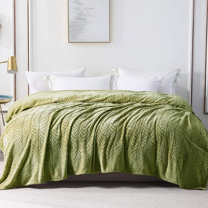 Whale Flotilla Flannel Fleece King Size Blanket for Bed, Soft Fluffy Velvet Bedspread Coverlet with Decorative Vintage Pattern for All Season, Warm and Lightweight, 90x104 Inch, Olive Green