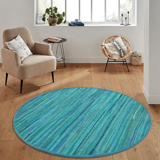 Area Rugs 4Ft Round Teal Handwoven Rug Farmhouse Green for Bedroom, Bathroom,Living Room | Boho Reversible Washable RagRug Circle Carpet for Kitchen, Patio, Kids Playroom, Nursery