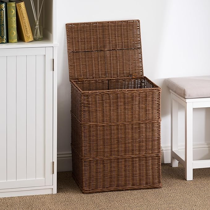 Joseph Rectangular Woven Laundry Hamper with Lid - Durable Resin Wicker Storage Basket for Clothes (Espresso Brown, 17.3x13.8x23.6 in)