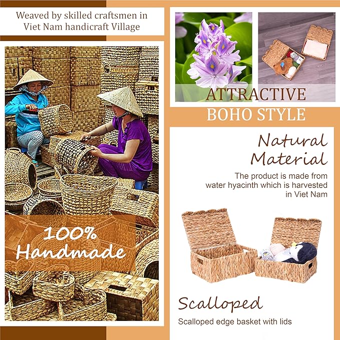 Scalloped Edge Wicker Basket with Lids, Rectangle Wicker Storage Basket with Built-in Handles, Multipurpose Organizer Rattan Display Boxes for Shelf, Nursery Room, Set of 2