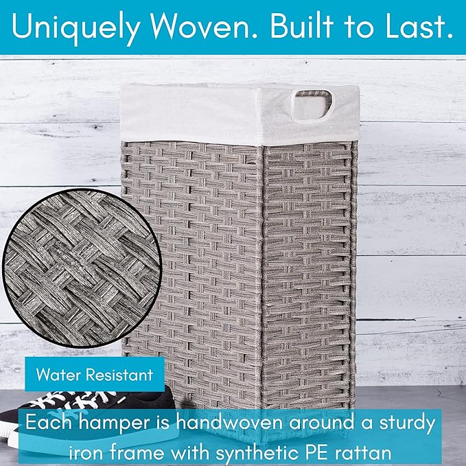 BIRDROCK HOME 22" Laundry Hamper with Removable Liner Bag - Handwoven PE Rattan Clothes Basket - Compact & Collapsible Laundry Storage for Bedroom & Bathroom - Perfect for Small Spaces - Slim, Grey