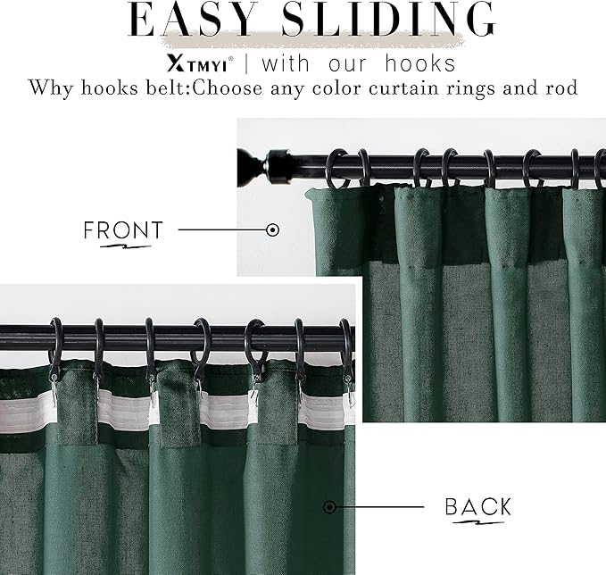 XTMYI Emerald Dark Green Back Tab/Hook Belt Linen Cotton Sheer Curtains for Bathroom 45 Inch Length
