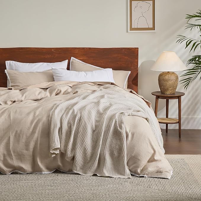 Bedsure 100% Cotton Large Throw Blanket for Couch 50x70 inches - Breathable and Soft, Waffle Weave Throw Blanket for Office, Khaki (a Little Bit Yellow)