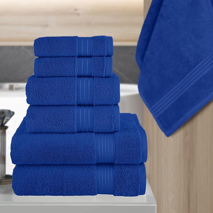 Elegant Comfort Premium Cotton 6-Piece Towel Set, Includes 2 Washcloths, 2 Hand Towels and 2 Bath Towels, 100% Turkish Cotton - Highly Absorbent and Super Soft Towels for Bathroom, Royal Blue