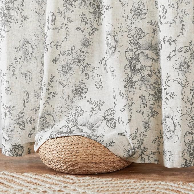 jinchan Linen Blend Curtain Floral Curtains for Living Room 96 Inch Length Grey Printed Curtain Back Tab Farmhouse Peony Flower Patterned Drapes Bedroom Window Curtains Set 2 Panels