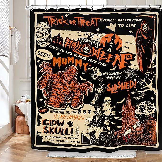 Halloween Horror Scary Shower Curtain 60Wx72L Inch Mummy Skull Spooky Trick Or Treat Vintage Gothic Retro Holiday Bathroom Set Accessories Decor with 12 Pack Hooks